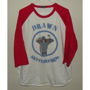 Drawn Skateboards Men's Large ¾ Sleeve Crew T-Shirt White Red Zombie Baseball